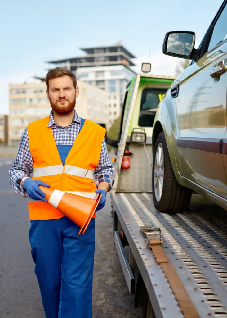 A road worker putting a traffic cone on roadside.